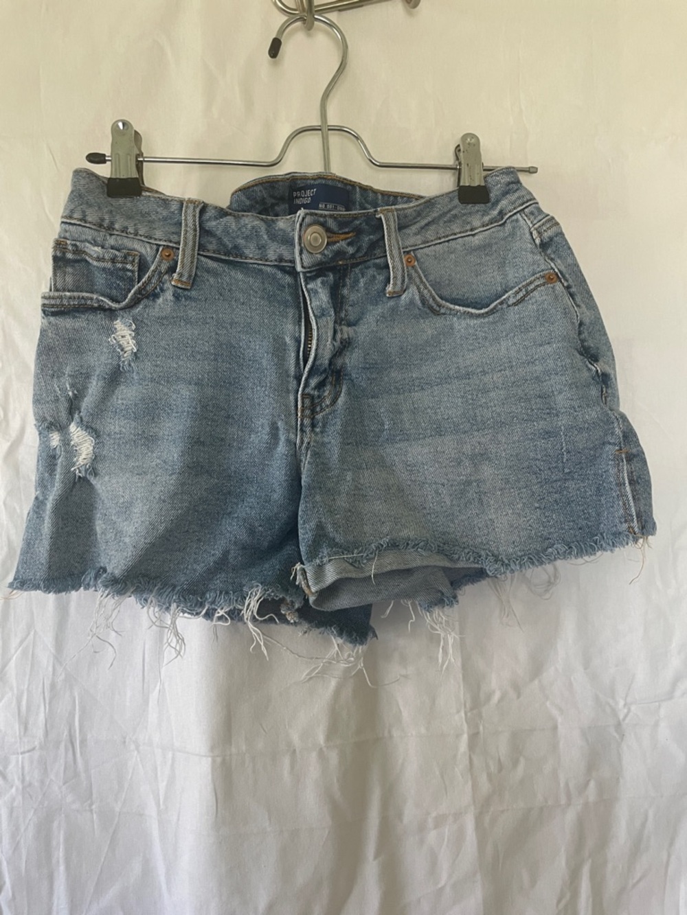 High-Rise Distressed Denim Shorts - Light Blue